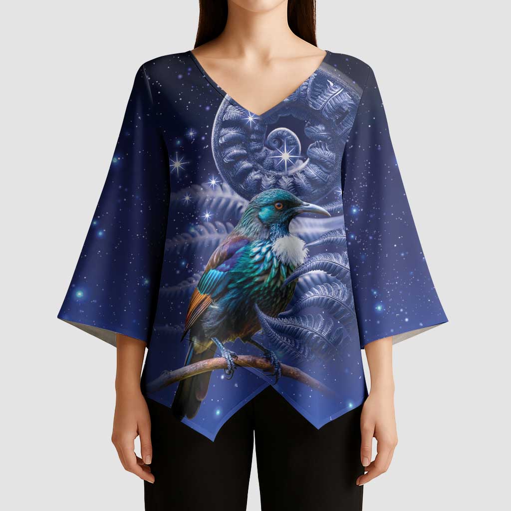 Tui Bird Matariki Galaxy Kimono Sleeve Blouse Koru Silver Fern Aotearoa