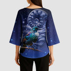 Tui Bird Matariki Galaxy Kimono Sleeve Blouse Koru Silver Fern Aotearoa