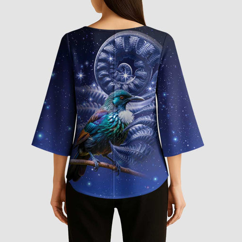 Tui Bird Matariki Galaxy Kimono Sleeve Blouse Koru Silver Fern Aotearoa