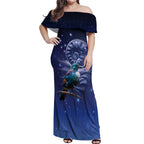 Tui Bird Matariki Galaxy Off Shoulder Maxi Dress Koru Silver Fern Aotearoa