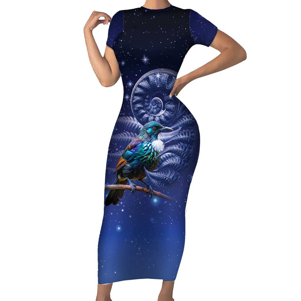 Tui Bird Matariki Galaxy Short Sleeve Bodycon Dress Koru Silver Fern Aotearoa
