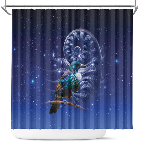 Tui Bird Matariki Galaxy Shower Curtain Koru Silver Fern Aotearoa