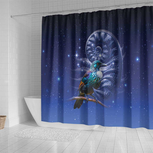 Tui Bird Matariki Galaxy Shower Curtain Koru Silver Fern Aotearoa