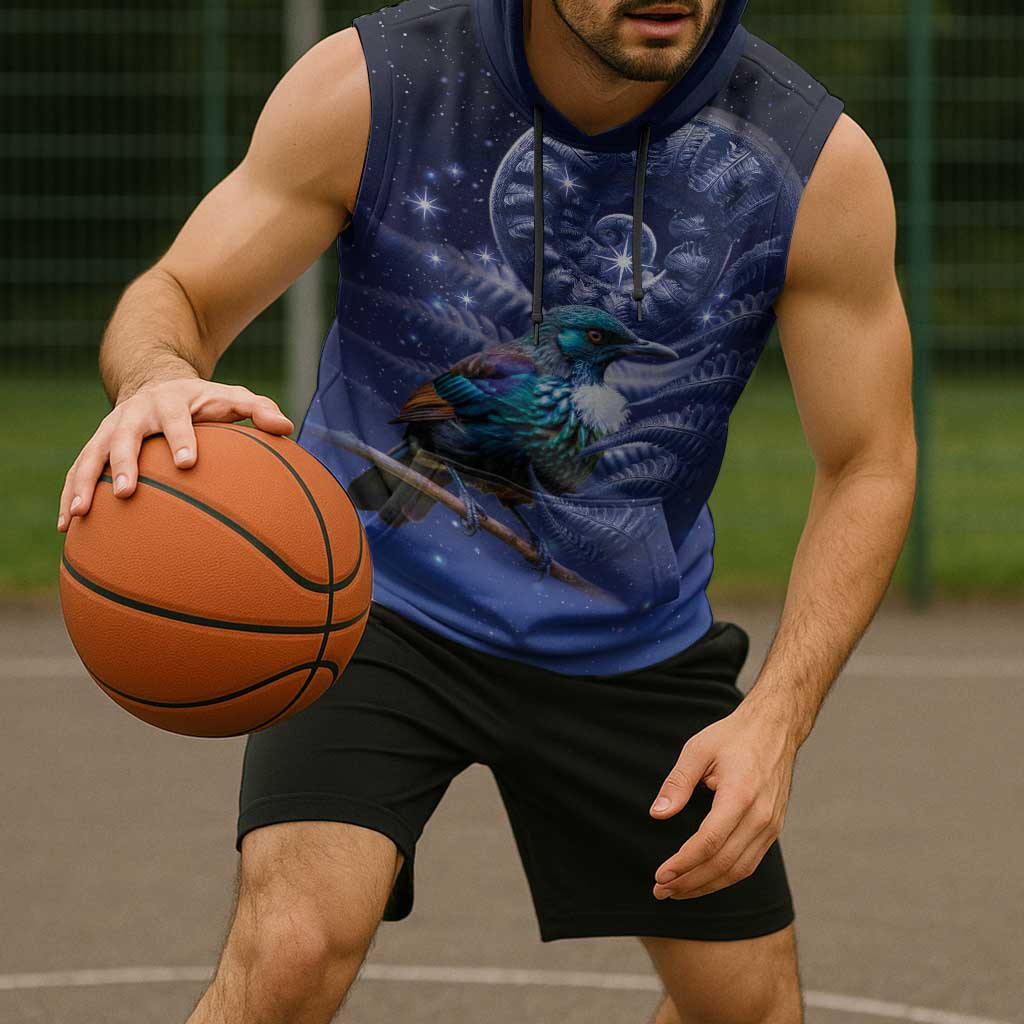 Tui Bird Matariki Galaxy Sleeveless Hoodie Koru Silver Fern Aotearoa