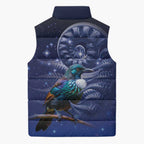 Tui Bird Matariki Galaxy Sleeveless Puffer Jacket Koru Silver Fern Aotearoa