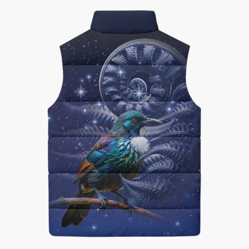 Tui Bird Matariki Galaxy Sleeveless Puffer Jacket Koru Silver Fern Aotearoa