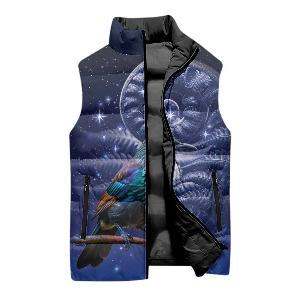 Tui Bird Matariki Galaxy Sleeveless Puffer Jacket Koru Silver Fern Aotearoa