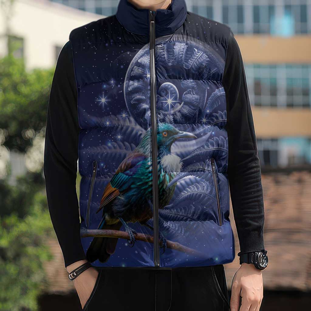 Tui Bird Matariki Galaxy Sleeveless Puffer Jacket Koru Silver Fern Aotearoa