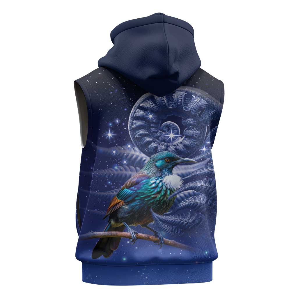 Tui Bird Matariki Galaxy Sleeveless Zip Hoodie Koru Silver Fern Aotearoa