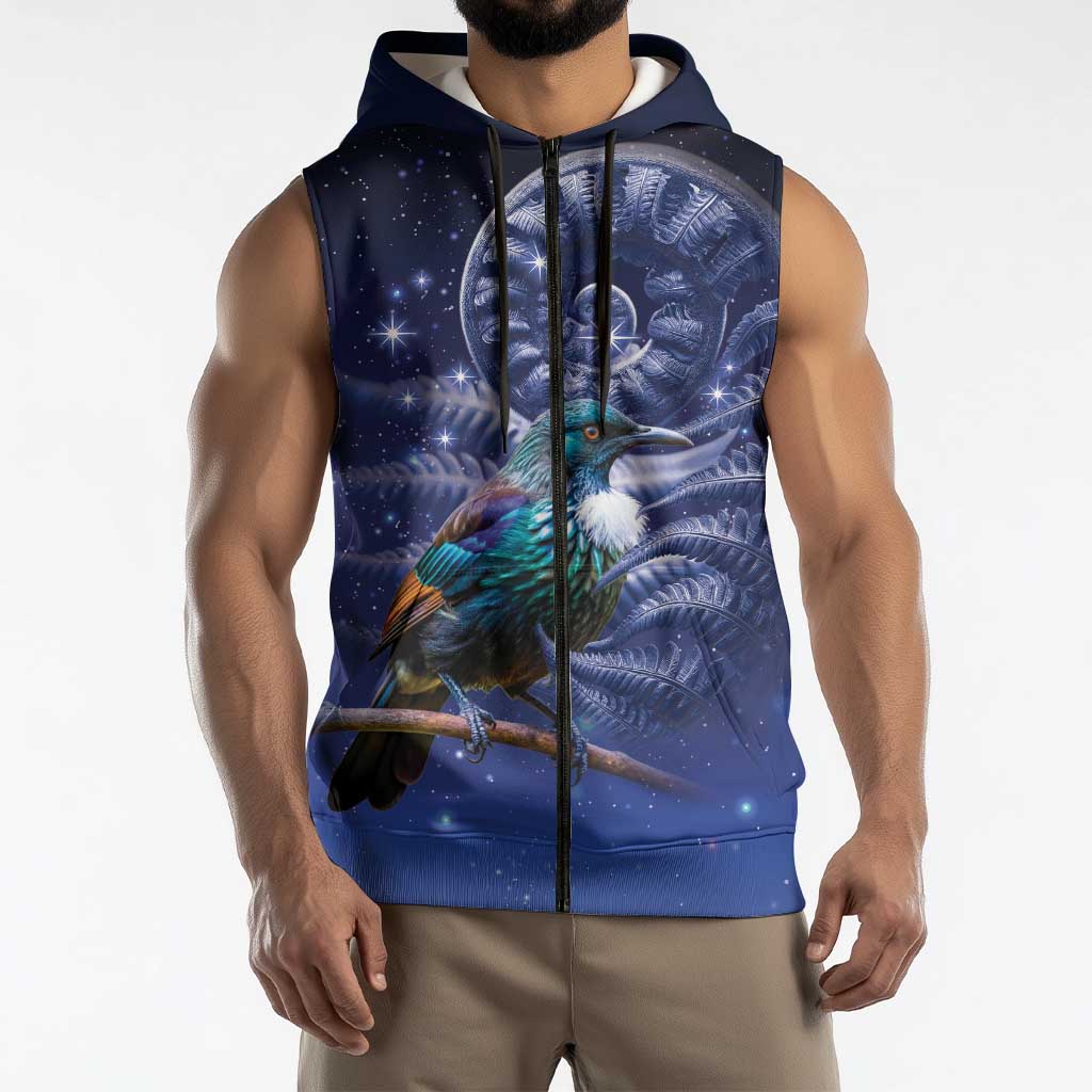 Tui Bird Matariki Galaxy Sleeveless Zip Hoodie Koru Silver Fern Aotearoa