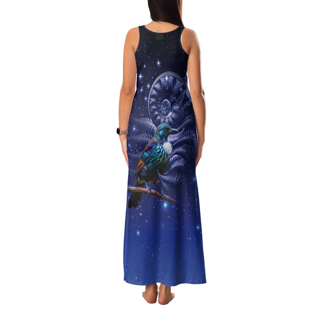 Tui Bird Matariki Galaxy Tank Maxi Dress Koru Silver Fern Aotearoa