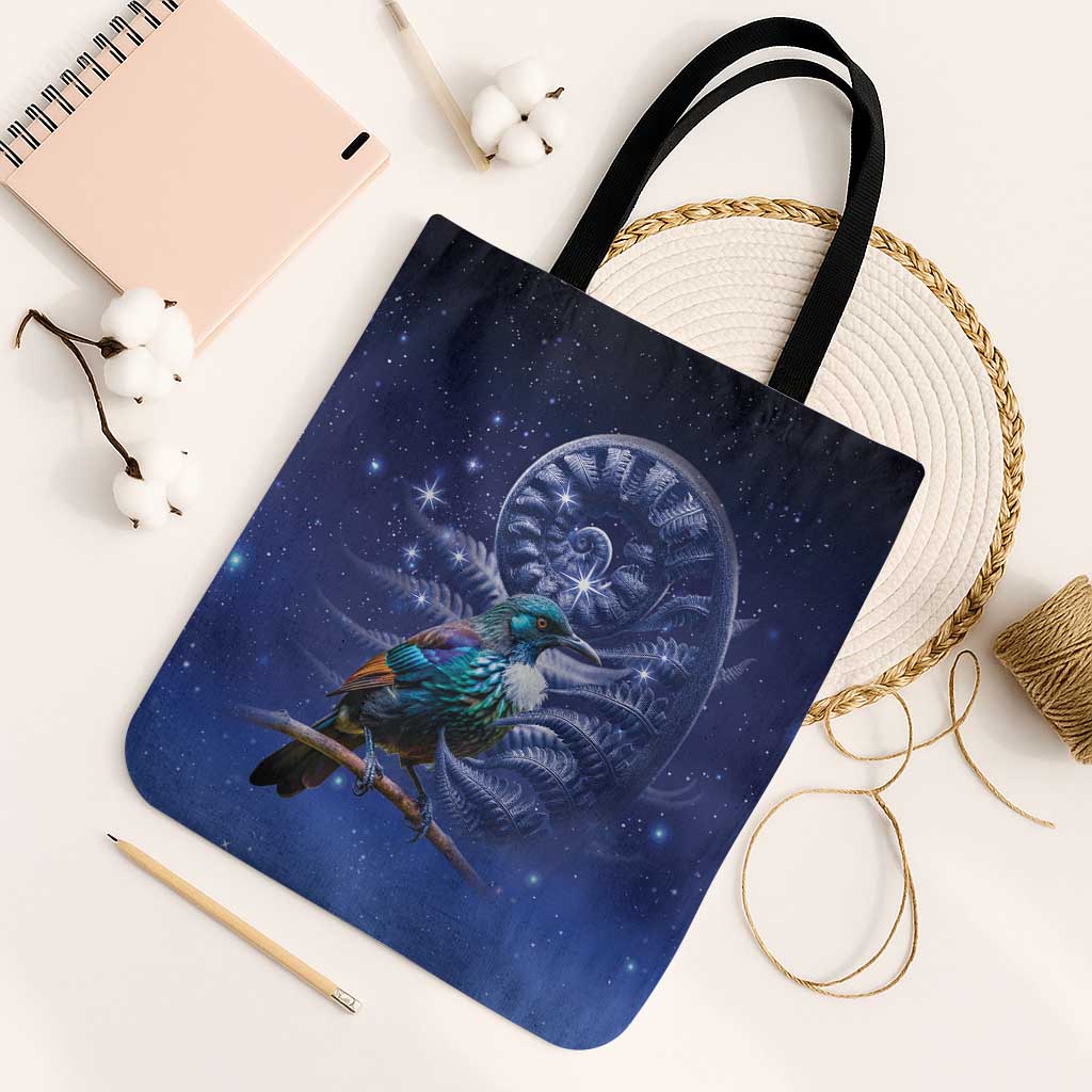 Tui Bird Matariki Galaxy Tote Bag Koru Silver Fern Aotearoa
