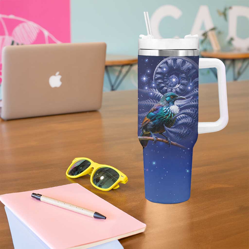 Tui Bird Matariki Galaxy Tumbler With Handle Koru Silver Fern Aotearoa