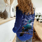 Tui Bird Matariki Galaxy Women Casual Shirt Koru Silver Fern Aotearoa