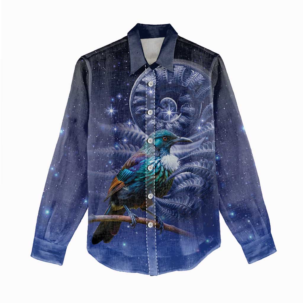 Tui Bird Matariki Galaxy Women Casual Shirt Koru Silver Fern Aotearoa