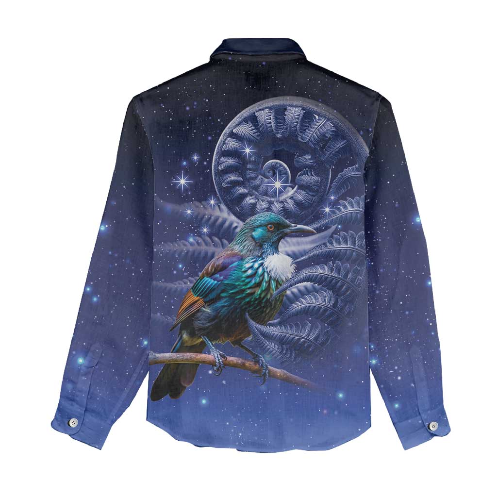 Tui Bird Matariki Galaxy Women Casual Shirt Koru Silver Fern Aotearoa