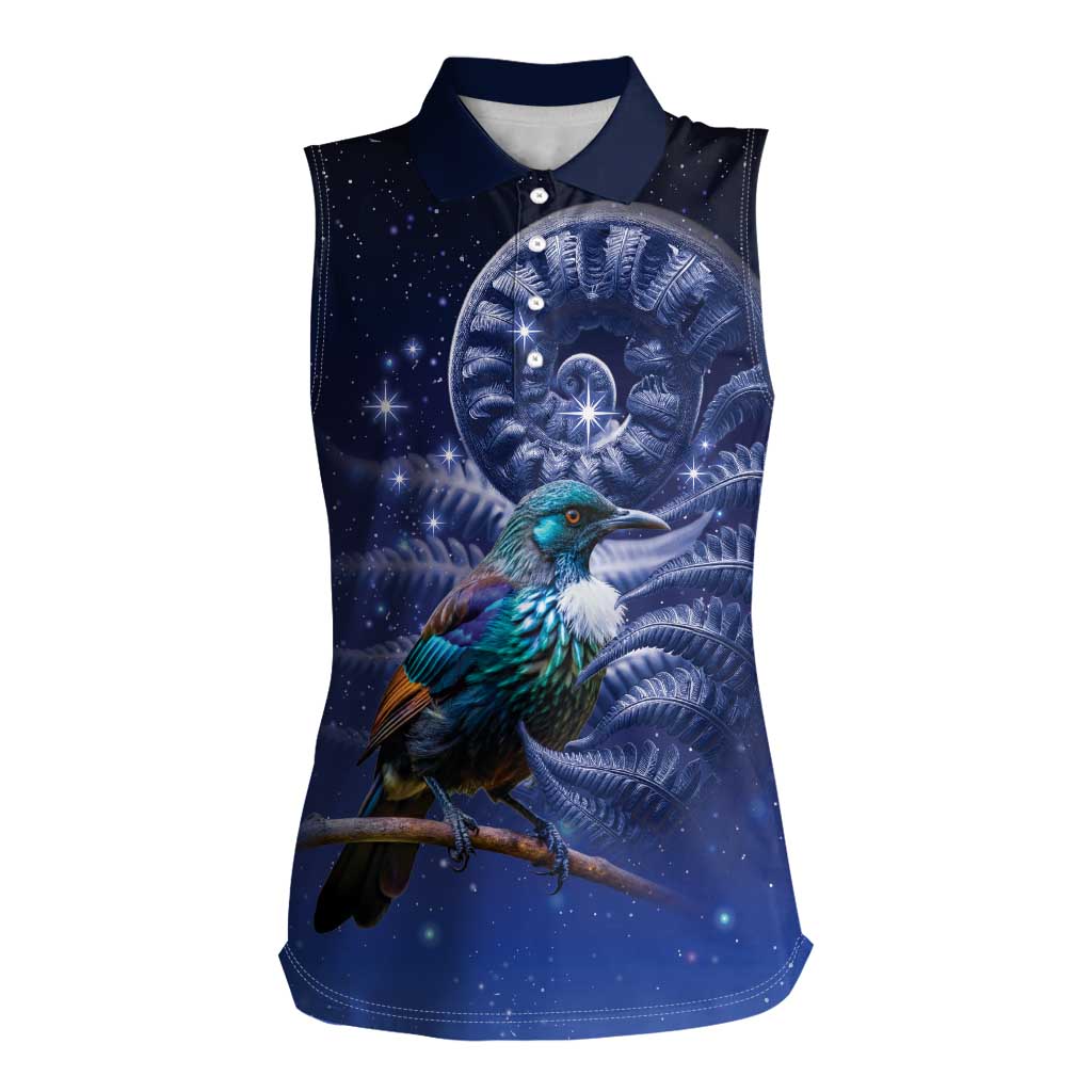 Tui Bird Matariki Galaxy Women Sleeveless Polo Shirt Koru Silver Fern Aotearoa