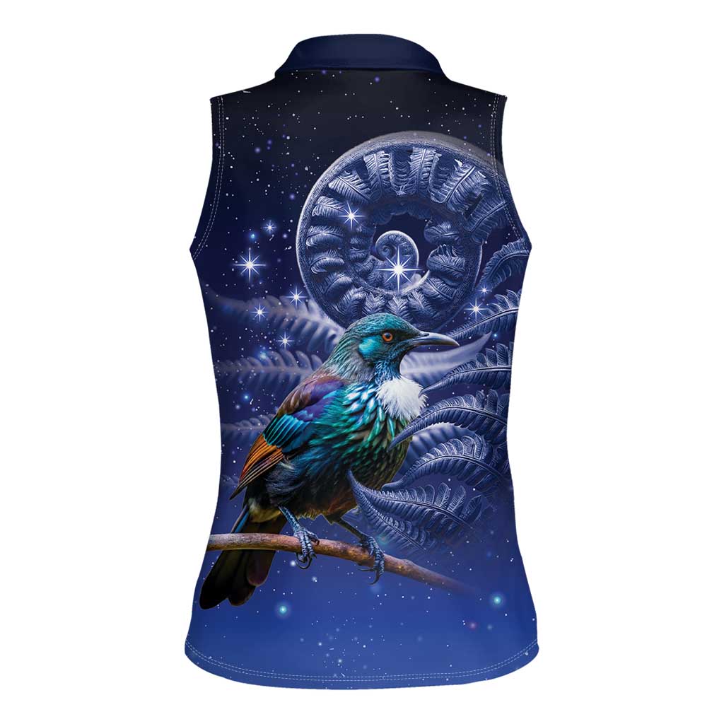 Tui Bird Matariki Galaxy Women Sleeveless Polo Shirt Koru Silver Fern Aotearoa