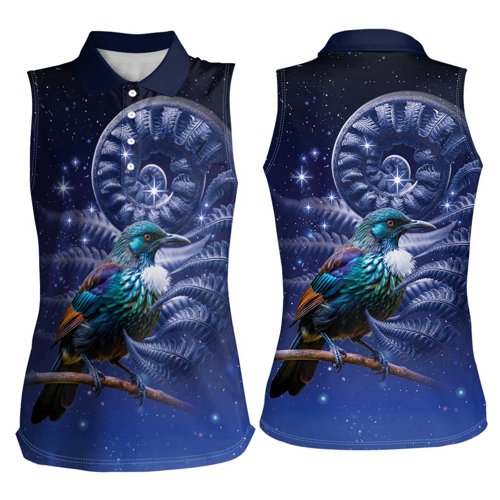 Tui Bird Matariki Galaxy Women Sleeveless Polo Shirt Koru Silver Fern Aotearoa