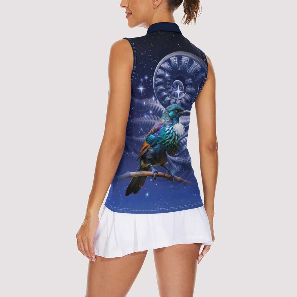 Tui Bird Matariki Galaxy Women Sleeveless Polo Shirt Koru Silver Fern Aotearoa