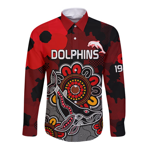 personalised-anzac-dolphins-rugby-long-sleeve-button-shirt-indigenous-circles-and-waves