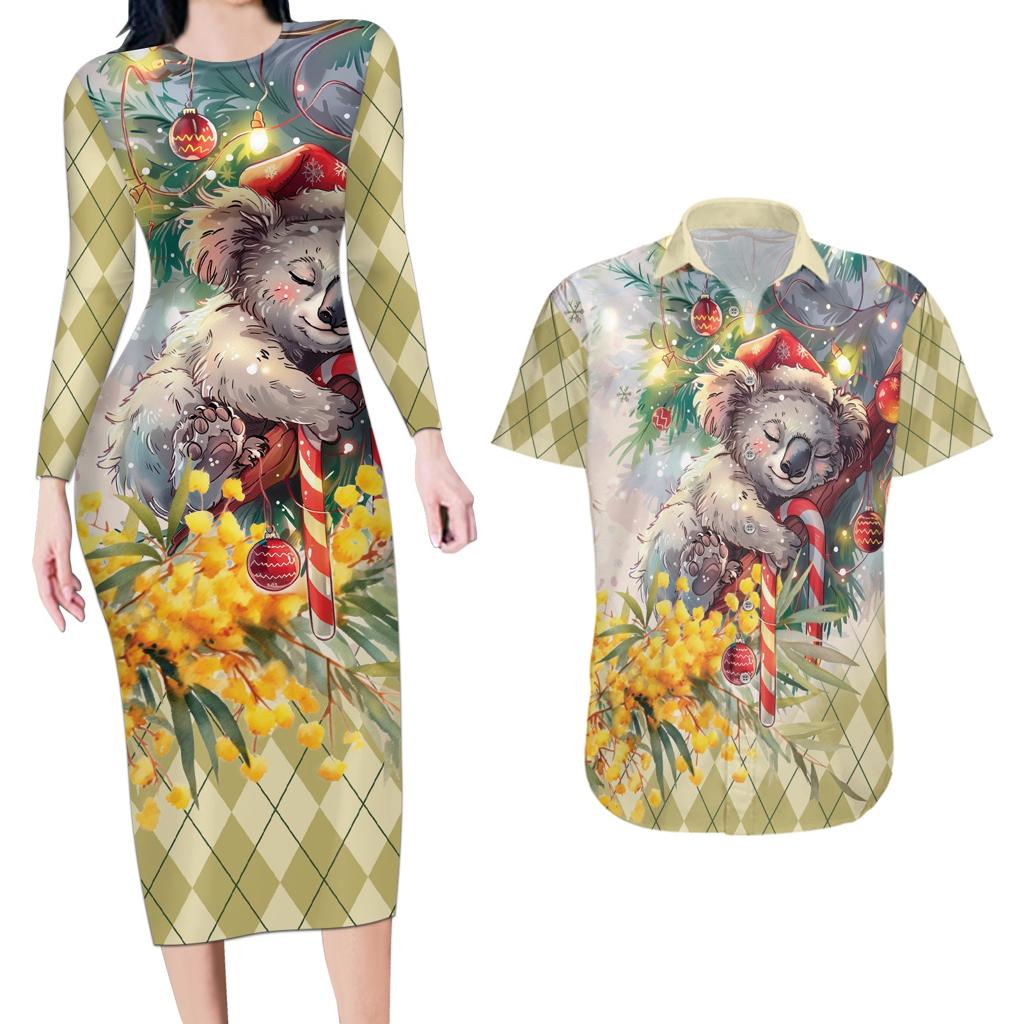 Have A Koala-ty Christmas in July Couples Matching Long Sleeve Bodycon Dress and Hawaiian Shirt