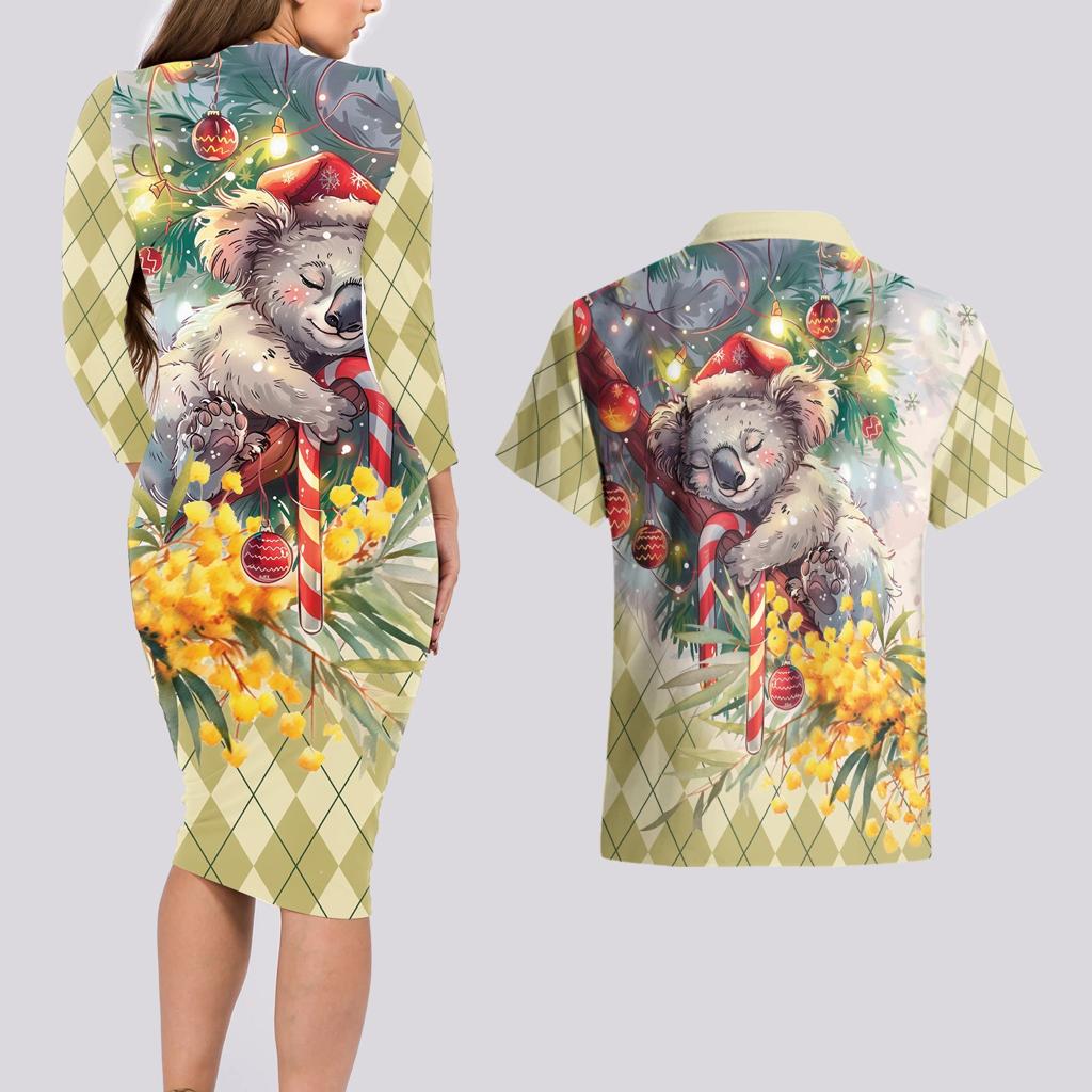 Have A Koala-ty Christmas in July Couples Matching Long Sleeve Bodycon Dress and Hawaiian Shirt