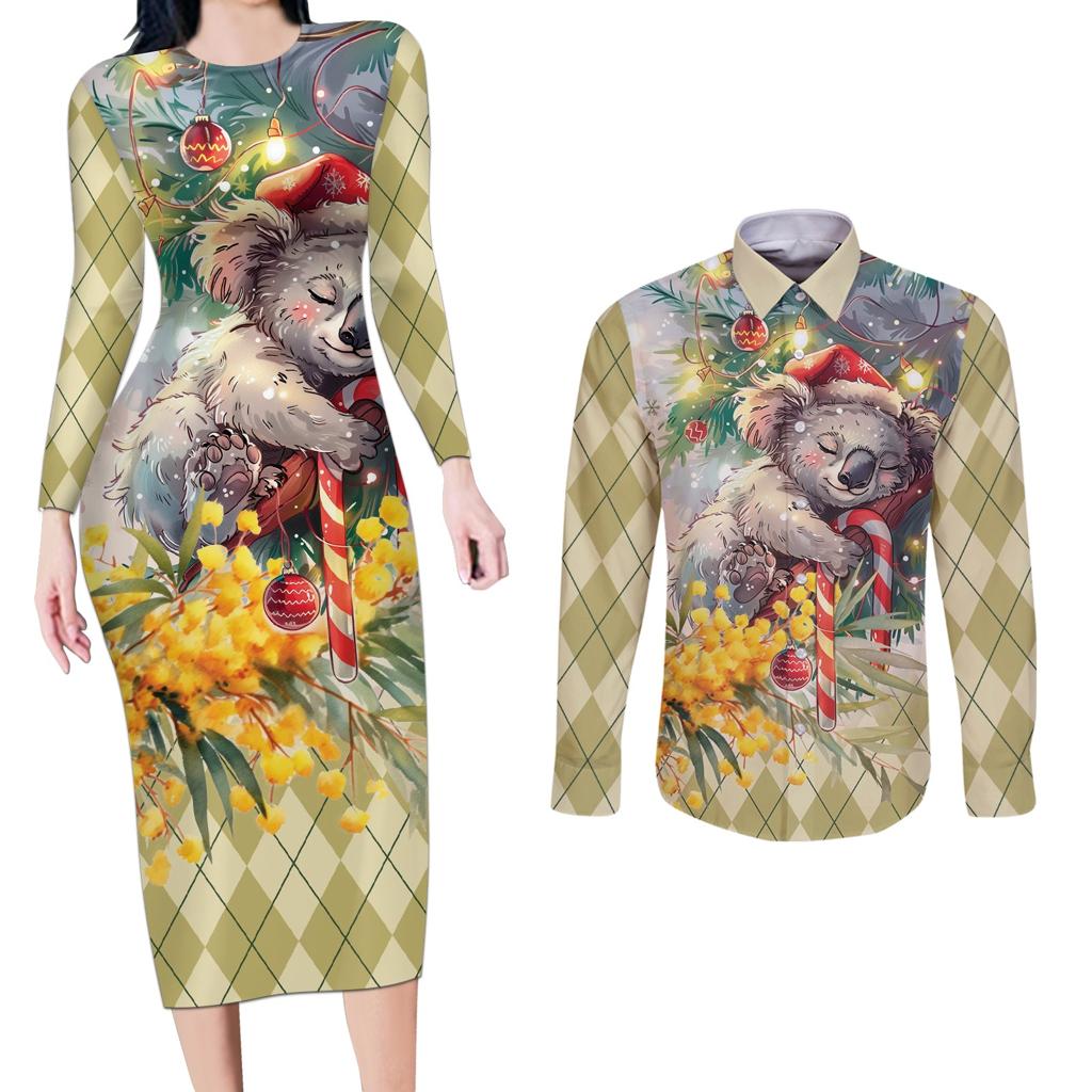 Have A Koala-ty Christmas in July Couples Matching Long Sleeve Bodycon Dress and Long Sleeve Button Shirt