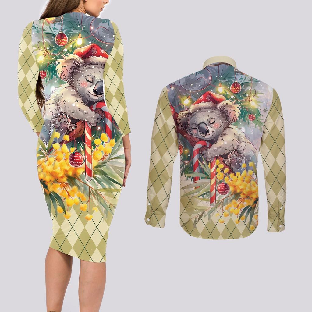 Have A Koala-ty Christmas in July Couples Matching Long Sleeve Bodycon Dress and Long Sleeve Button Shirt