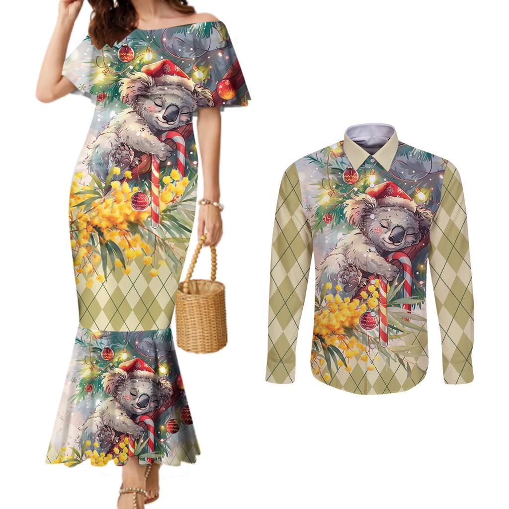 Have A Koala-ty Christmas in July Couples Matching Mermaid Dress and Long Sleeve Button Shirt