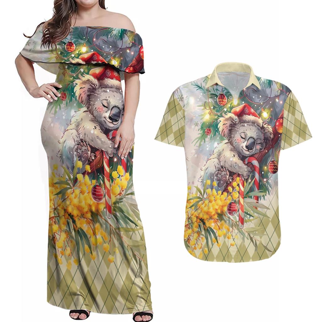 Have A Koala-ty Christmas in July Couples Matching Off Shoulder Maxi Dress and Hawaiian Shirt