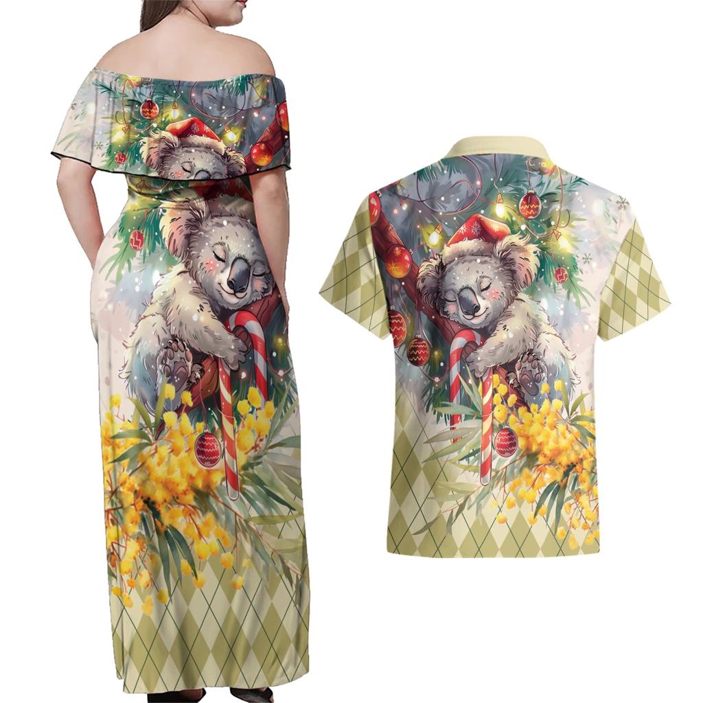 Have A Koala-ty Christmas in July Couples Matching Off Shoulder Maxi Dress and Hawaiian Shirt