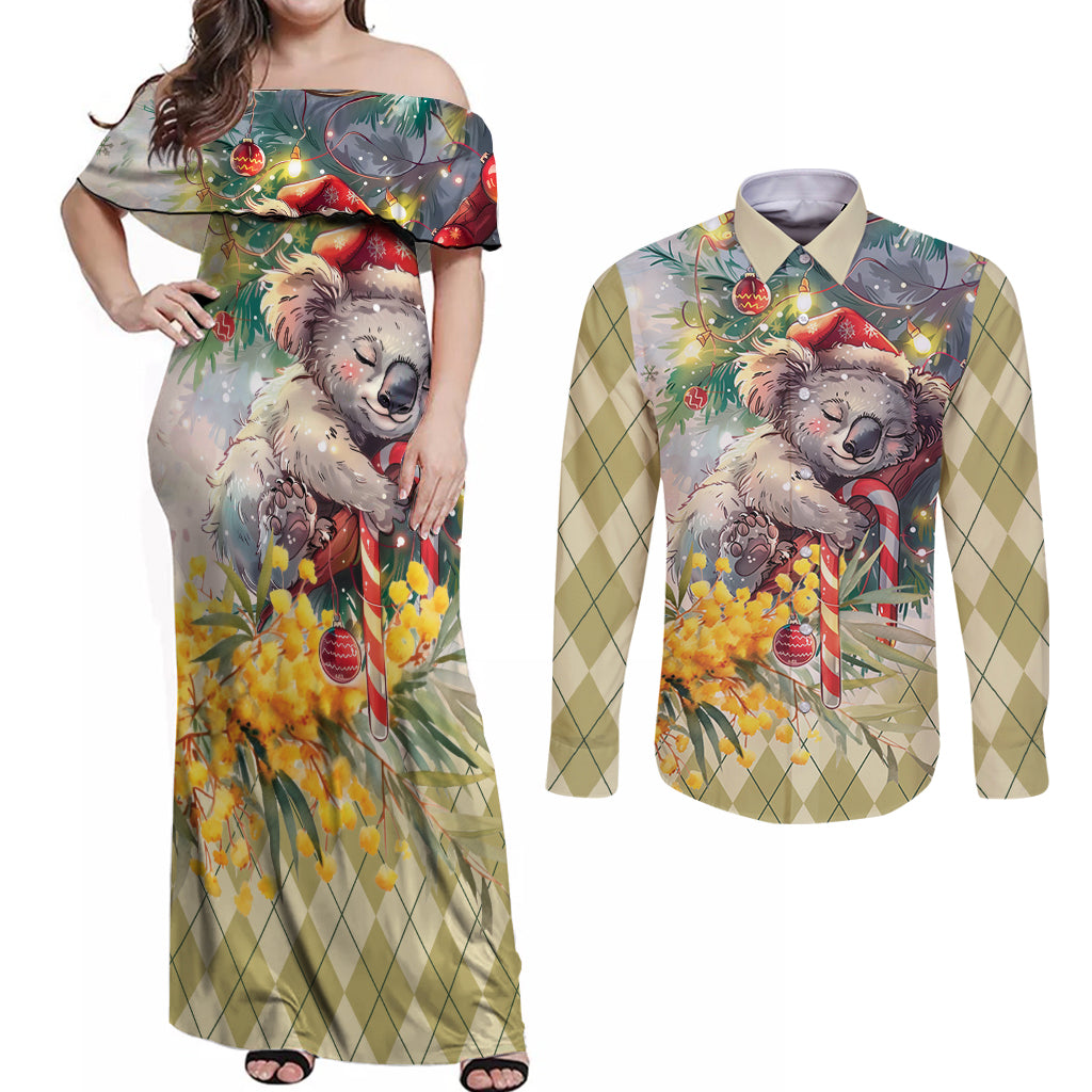 Have A Koala-ty Christmas in July Couples Matching Off Shoulder Maxi Dress and Long Sleeve Button Shirt