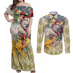 Have A Koala-ty Christmas in July Couples Matching Off Shoulder Maxi Dress and Long Sleeve Button Shirt