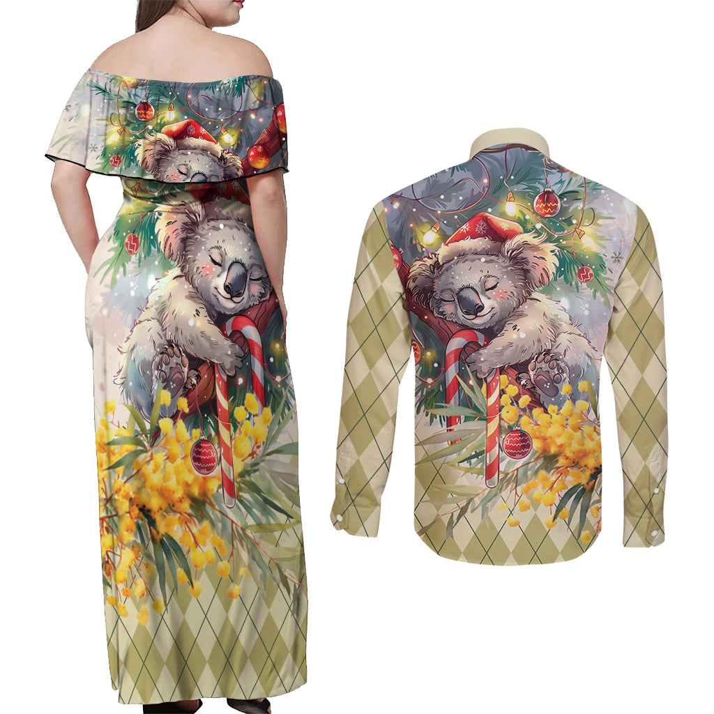 Have A Koala-ty Christmas in July Couples Matching Off Shoulder Maxi Dress and Long Sleeve Button Shirt