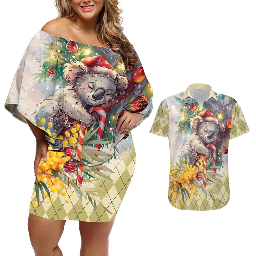Have A Koala-ty Christmas in July Couples Matching Off Shoulder Short Dress and Hawaiian Shirt