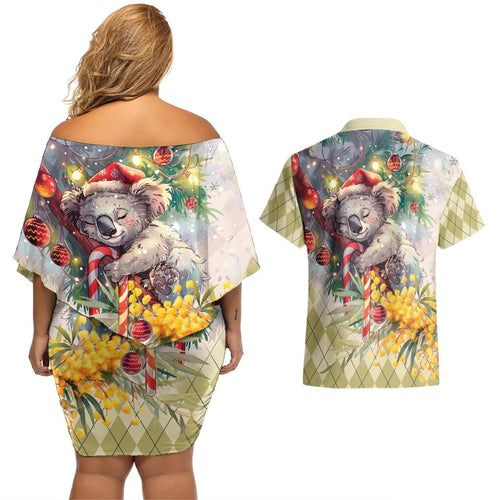 Have A Koala-ty Christmas in July Couples Matching Off Shoulder Short Dress and Hawaiian Shirt