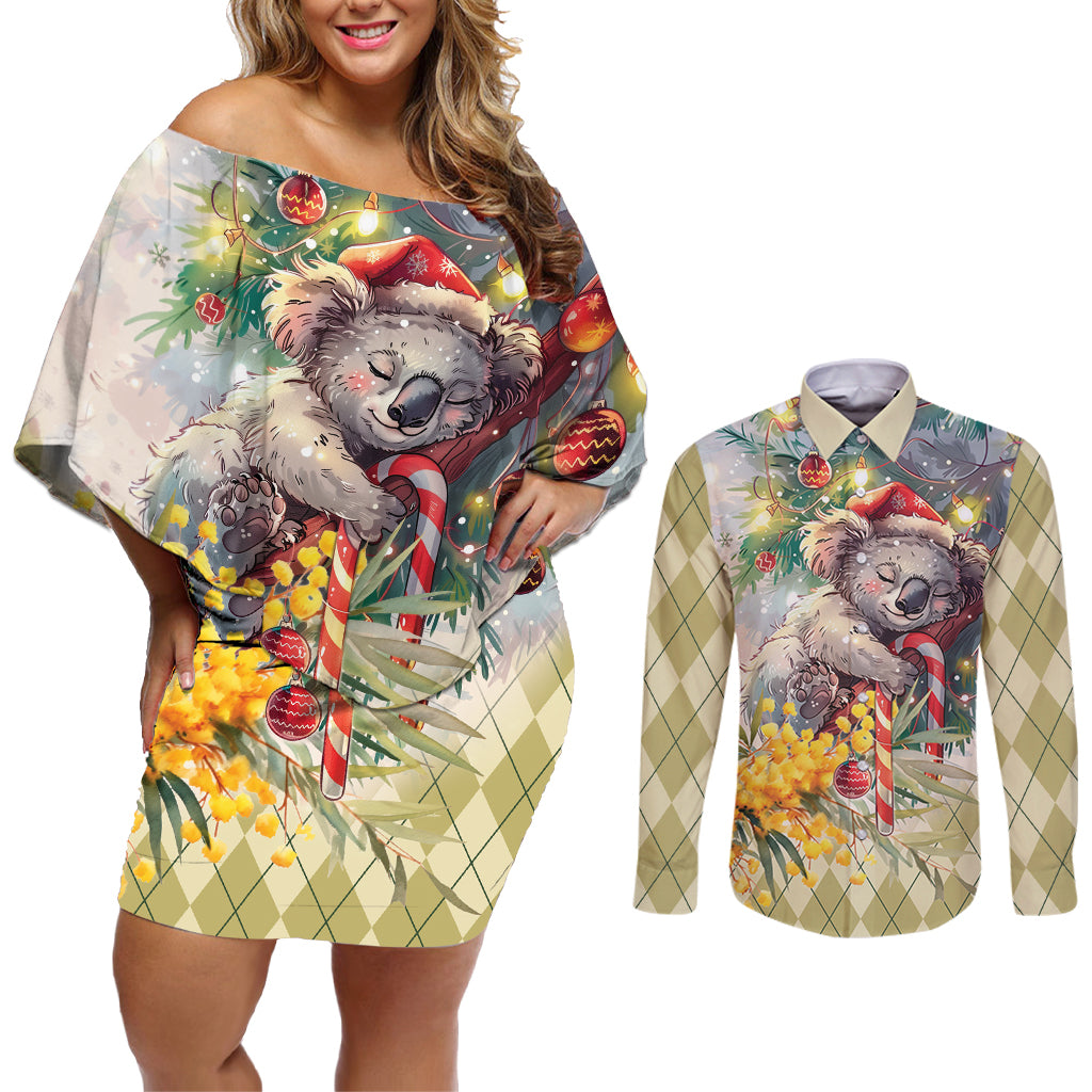 Have A Koala-ty Christmas in July Couples Matching Off Shoulder Short Dress and Long Sleeve Button Shirt