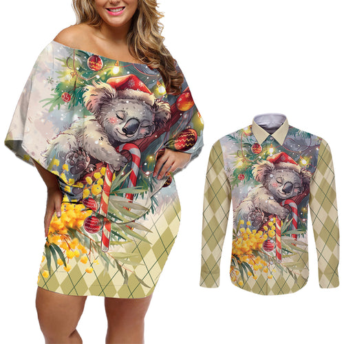 Have A Koala-ty Christmas in July Couples Matching Off Shoulder Short Dress and Long Sleeve Button Shirt