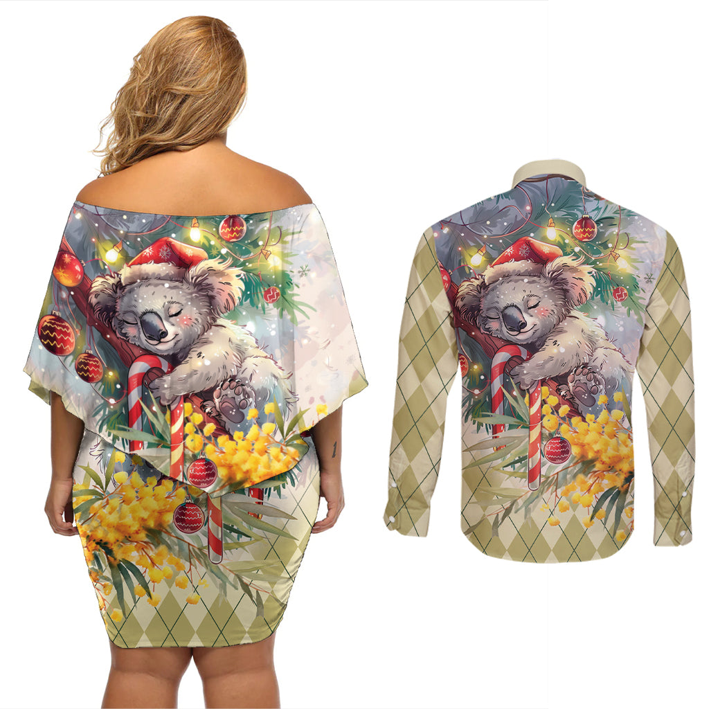 Have A Koala-ty Christmas in July Couples Matching Off Shoulder Short Dress and Long Sleeve Button Shirt