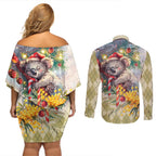Have A Koala-ty Christmas in July Couples Matching Off Shoulder Short Dress and Long Sleeve Button Shirt