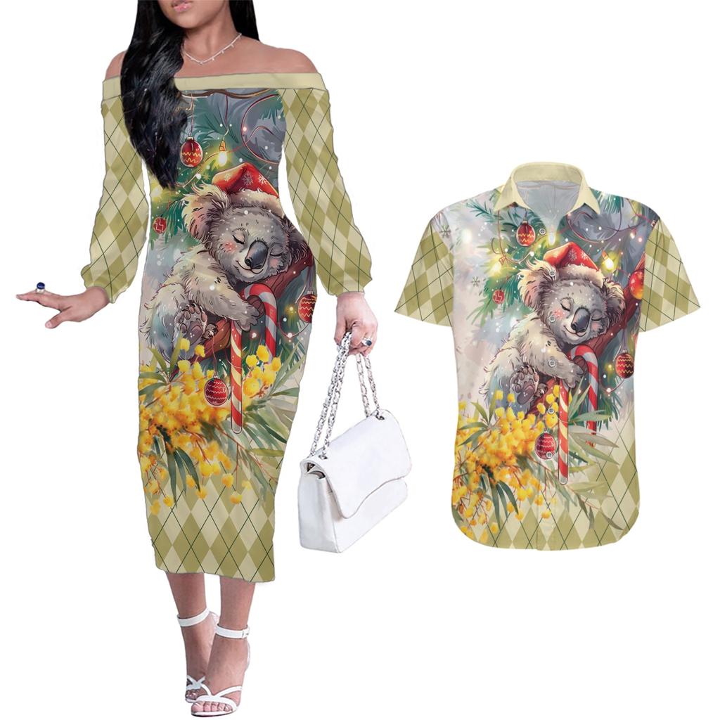 Have A Koala-ty Christmas in July Couples Matching Off The Shoulder Long Sleeve Dress and Hawaiian Shirt