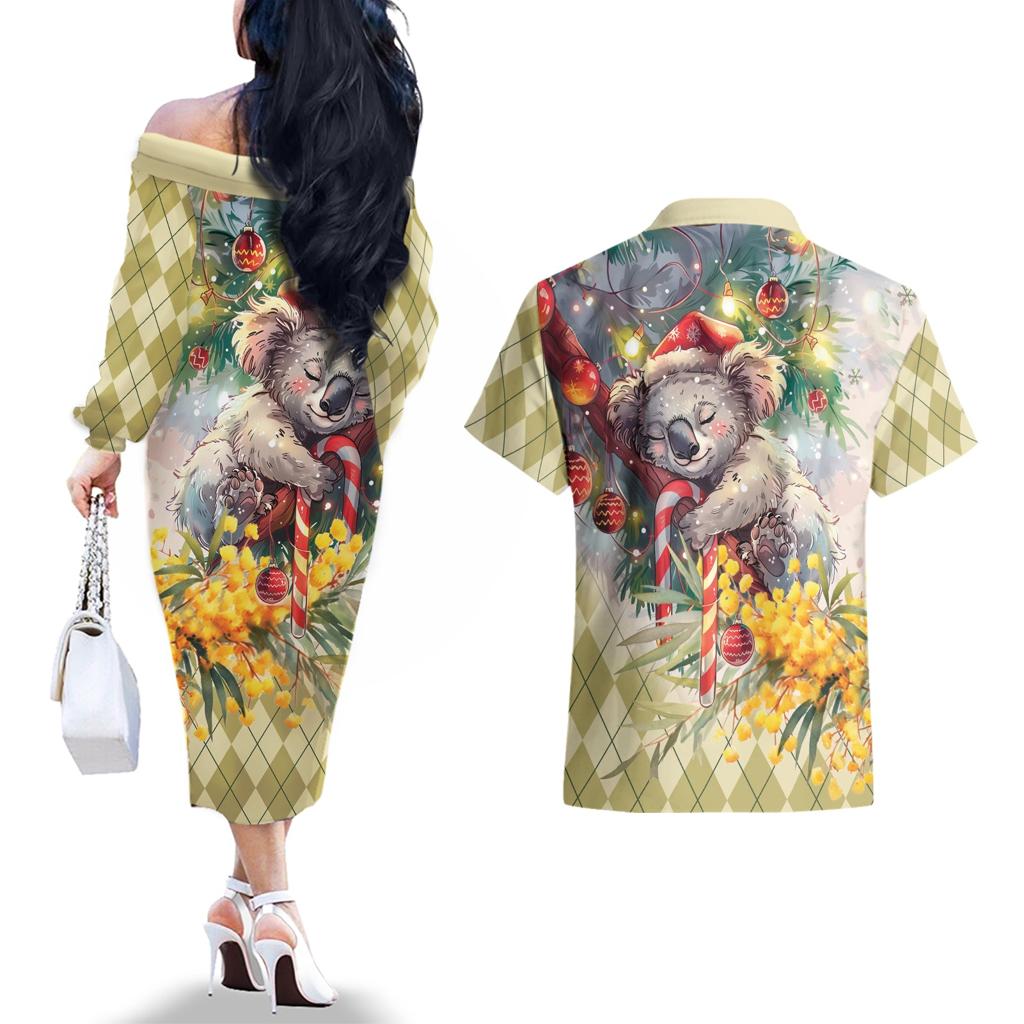 Have A Koala-ty Christmas in July Couples Matching Off The Shoulder Long Sleeve Dress and Hawaiian Shirt