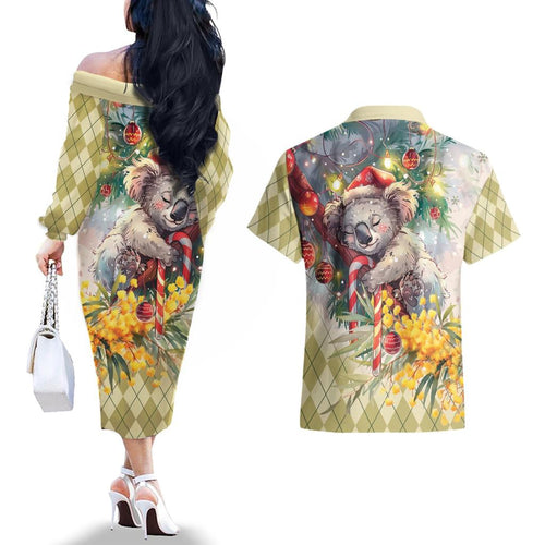 Have A Koala-ty Christmas in July Couples Matching Off The Shoulder Long Sleeve Dress and Hawaiian Shirt