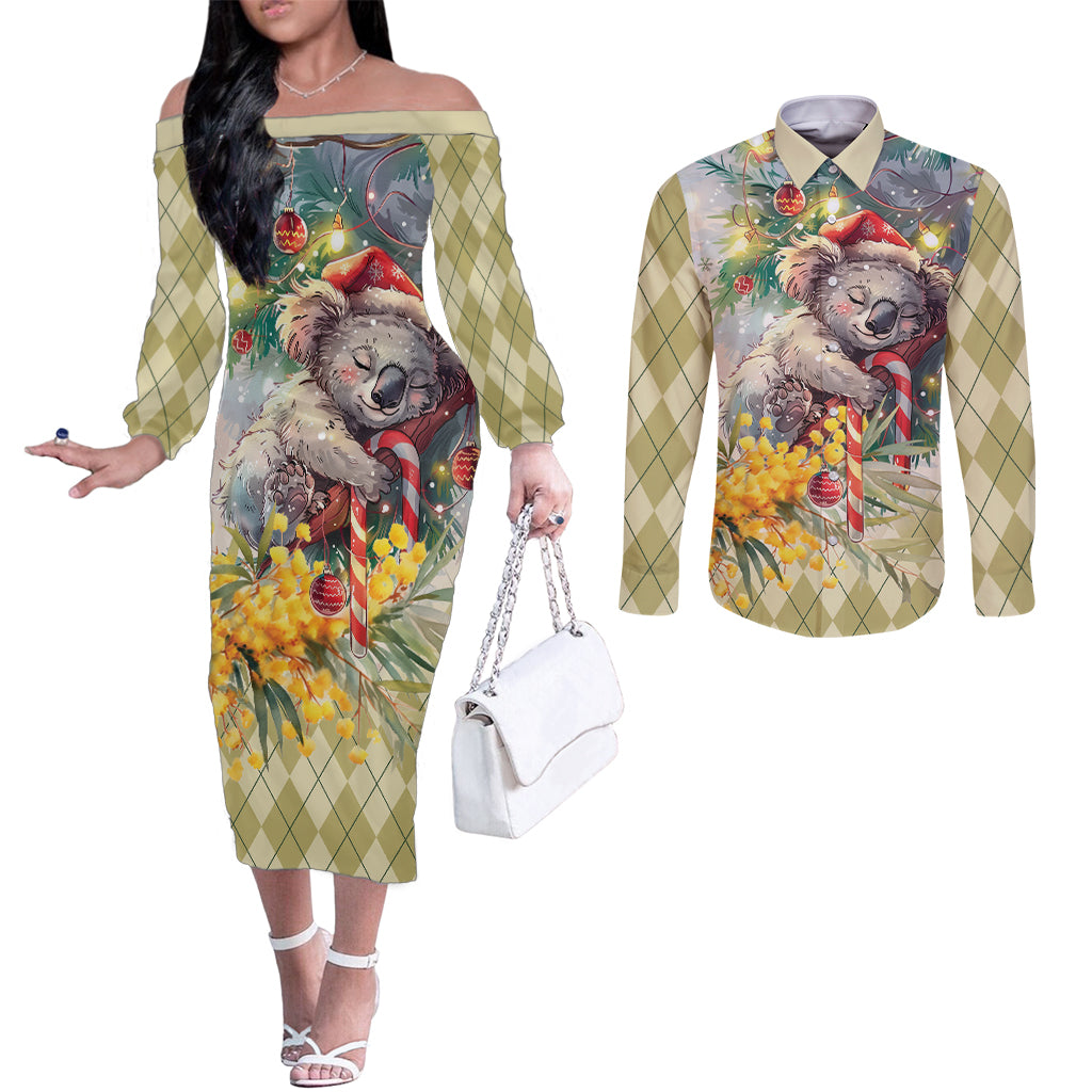 Have A Koala-ty Christmas in July Couples Matching Off The Shoulder Long Sleeve Dress and Long Sleeve Button Shirt
