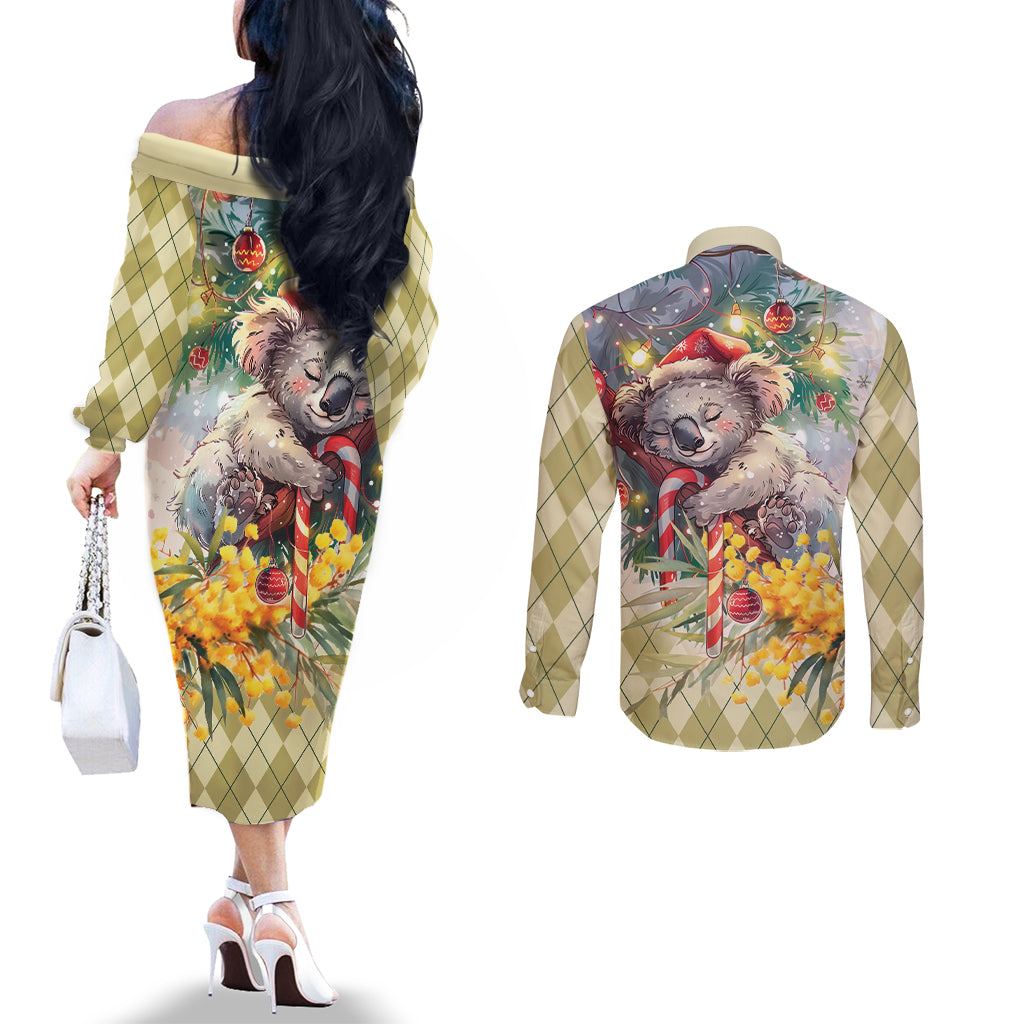 Have A Koala-ty Christmas in July Couples Matching Off The Shoulder Long Sleeve Dress and Long Sleeve Button Shirt