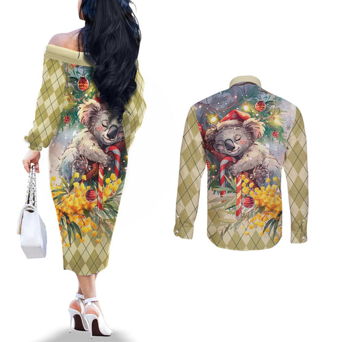 Have A Koala-ty Christmas in July Couples Matching Off The Shoulder Long Sleeve Dress and Long Sleeve Button Shirt