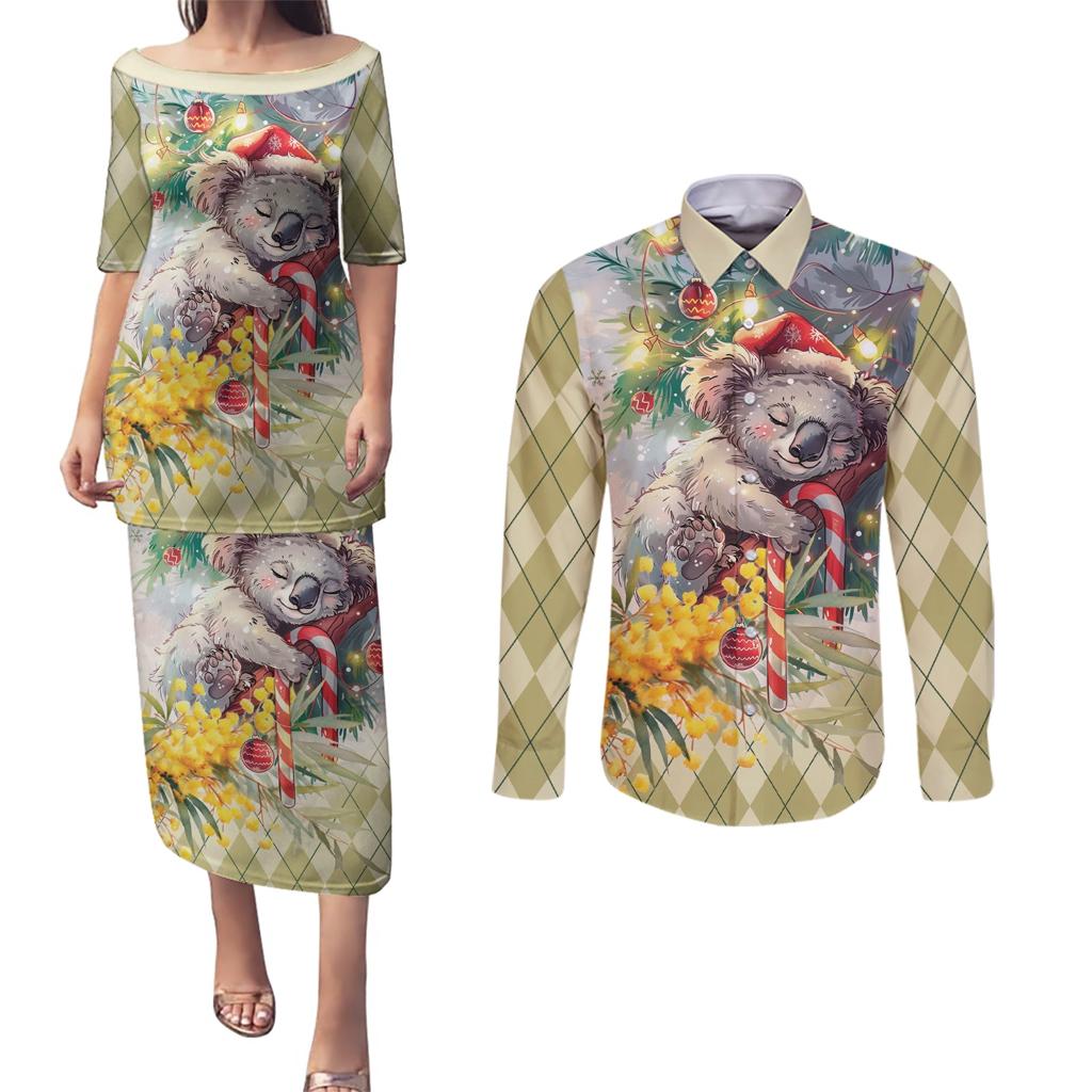 Have A Koala-ty Christmas in July Couples Matching Puletasi and Long Sleeve Button Shirt