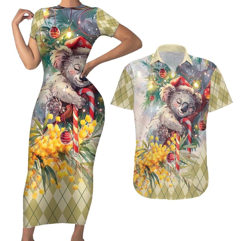Have A Koala-ty Christmas in July Couples Matching Short Sleeve Bodycon Dress and Hawaiian Shirt
