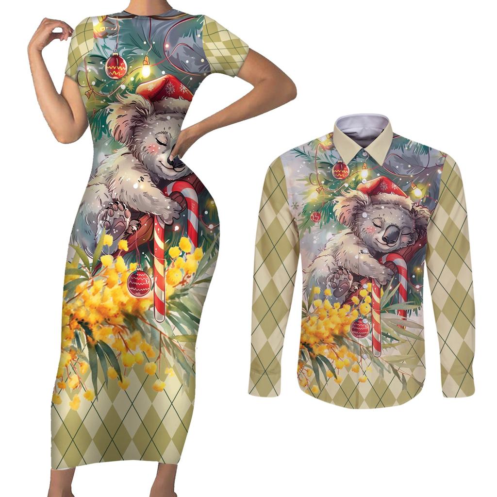 Have A Koala-ty Christmas in July Couples Matching Short Sleeve Bodycon Dress and Long Sleeve Button Shirt